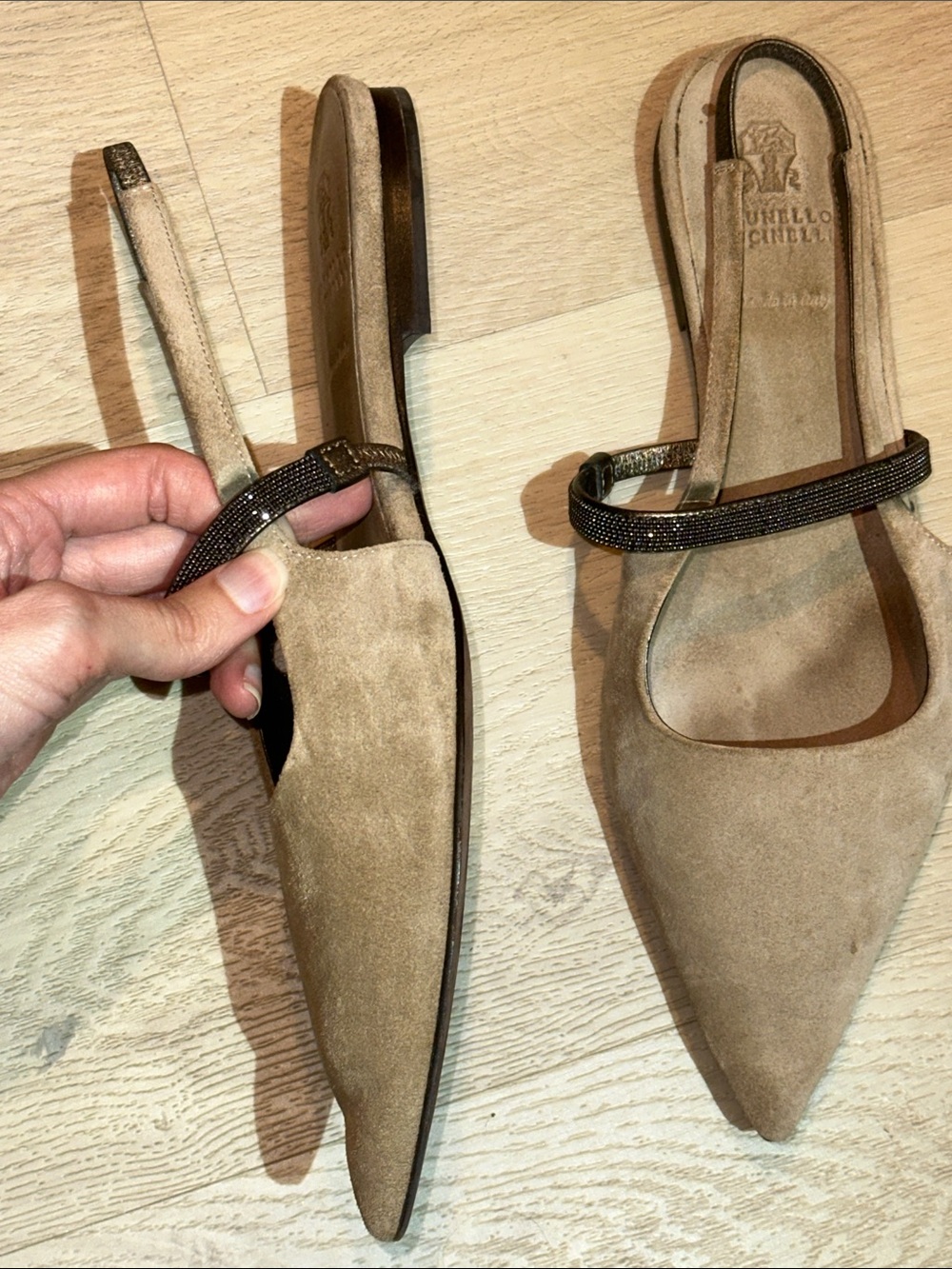 Brunello Cucinelli Taupe Pointed-Toe Slingback Mules with Monili Strap - Picture 9 of 13